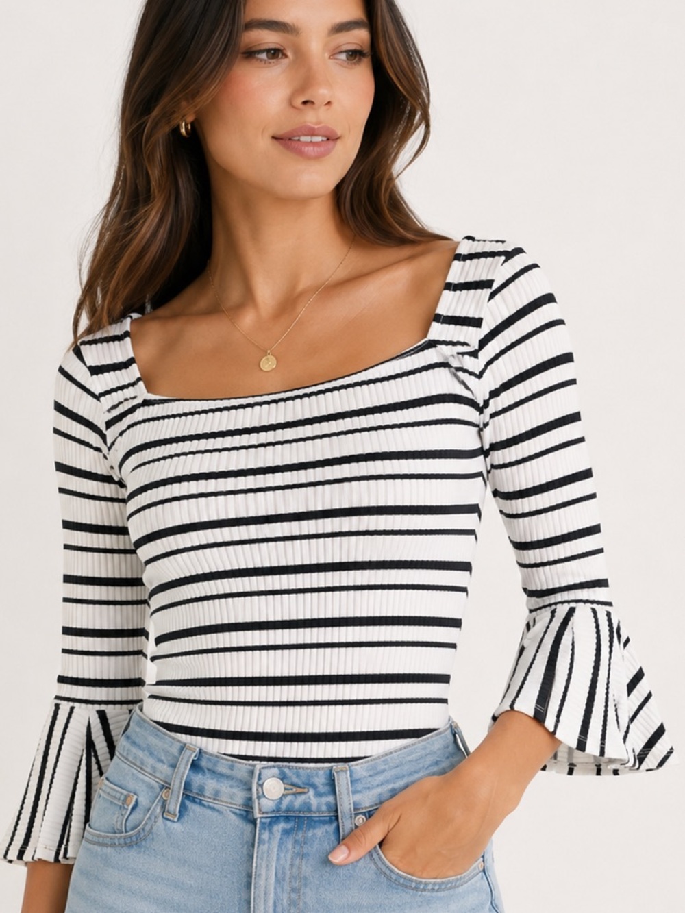 Abercrombie Fitch Gray Stripe Bodysuit Bell Sleeve Scoop Neck Size S